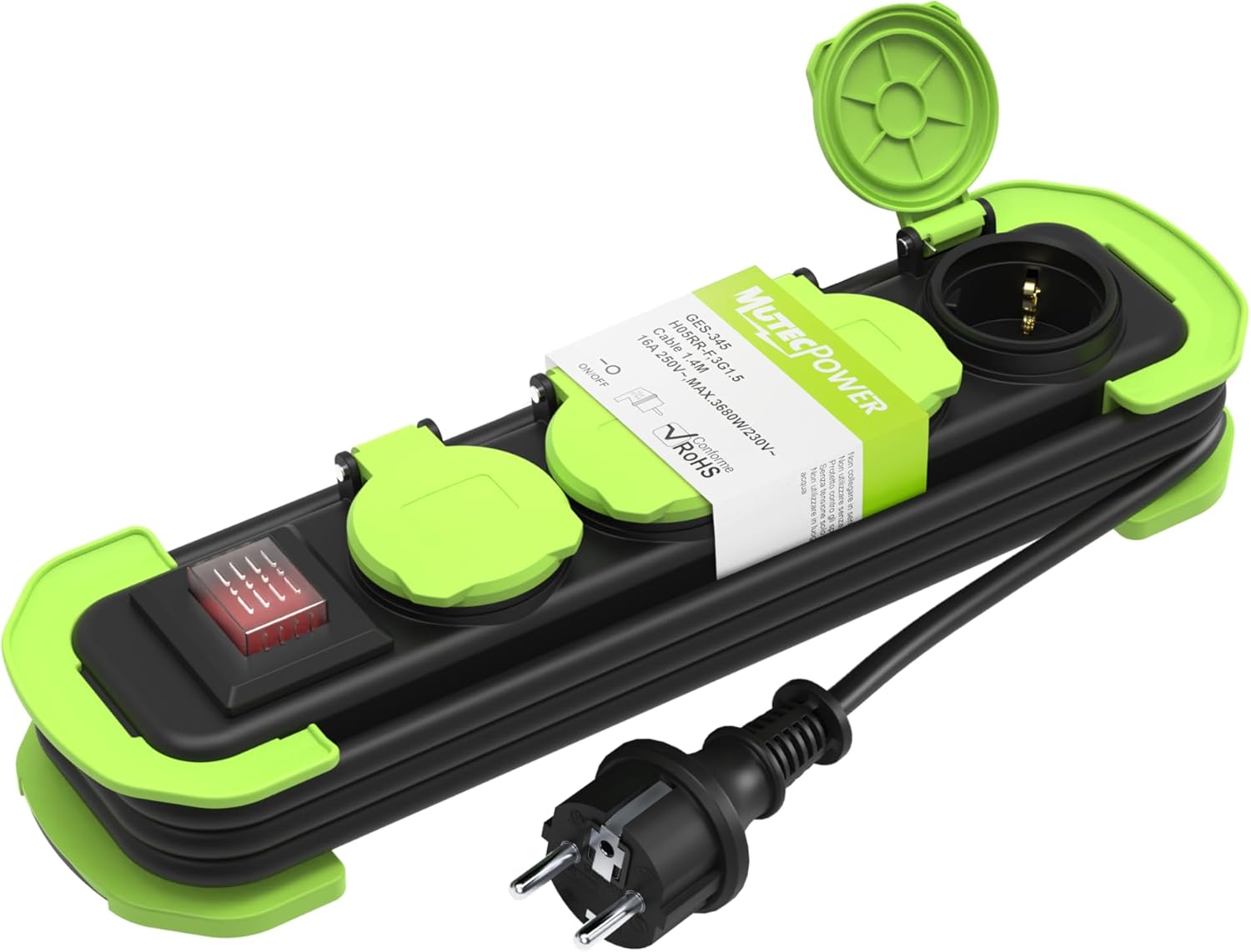 MutecPower Steckdosenleiste 4-Fach Mehrfachsteckdose Outdoor mit Schalter IP44 Outdoor Schutzkontaktsteckdosen mit Klappdeckel und 1,4m Rollkabel 16A/250V H05RR-F 3G 1,5 Schwarz/Grün – Bild 2