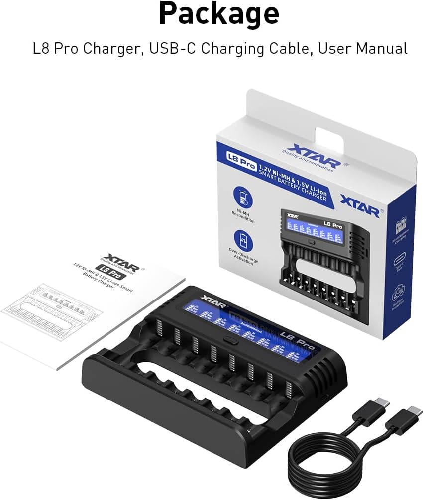 XTAR L8 Pro 8-fach Ladegerät für AA/AAA 1,2 V NiMH und 1,5 V Li-Ion, USB-C Smart Charger mit LCD-Display, 8 Einzelschächte mit Refresh- und Reparaturfunktion – Bild 8