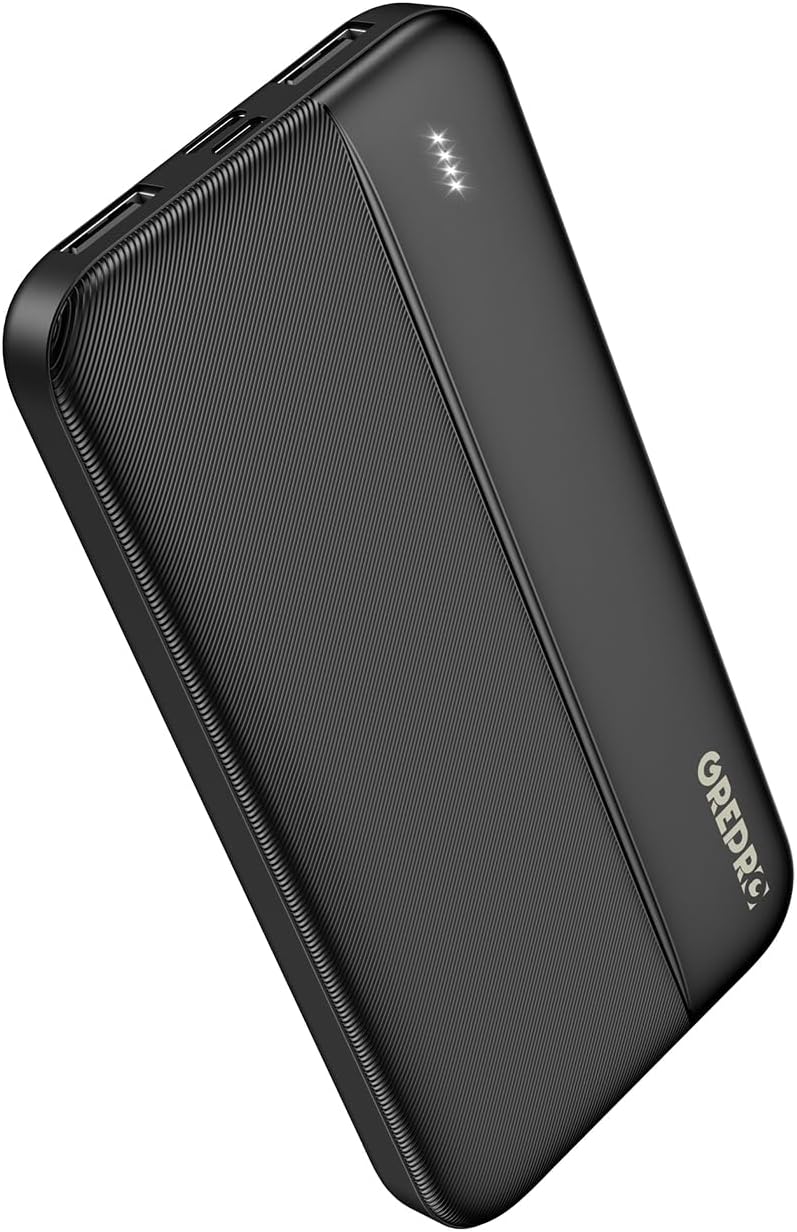 GREPRO Powerbank 10000 mAh, kleine Powerbank mit Typ-C-Eingang und 2 x USB-A- und USB-C-Ausgangsanschlüssen, kompatibel mit iPhone 17, 16, 15 Pro Max, Smartphones und Tablets