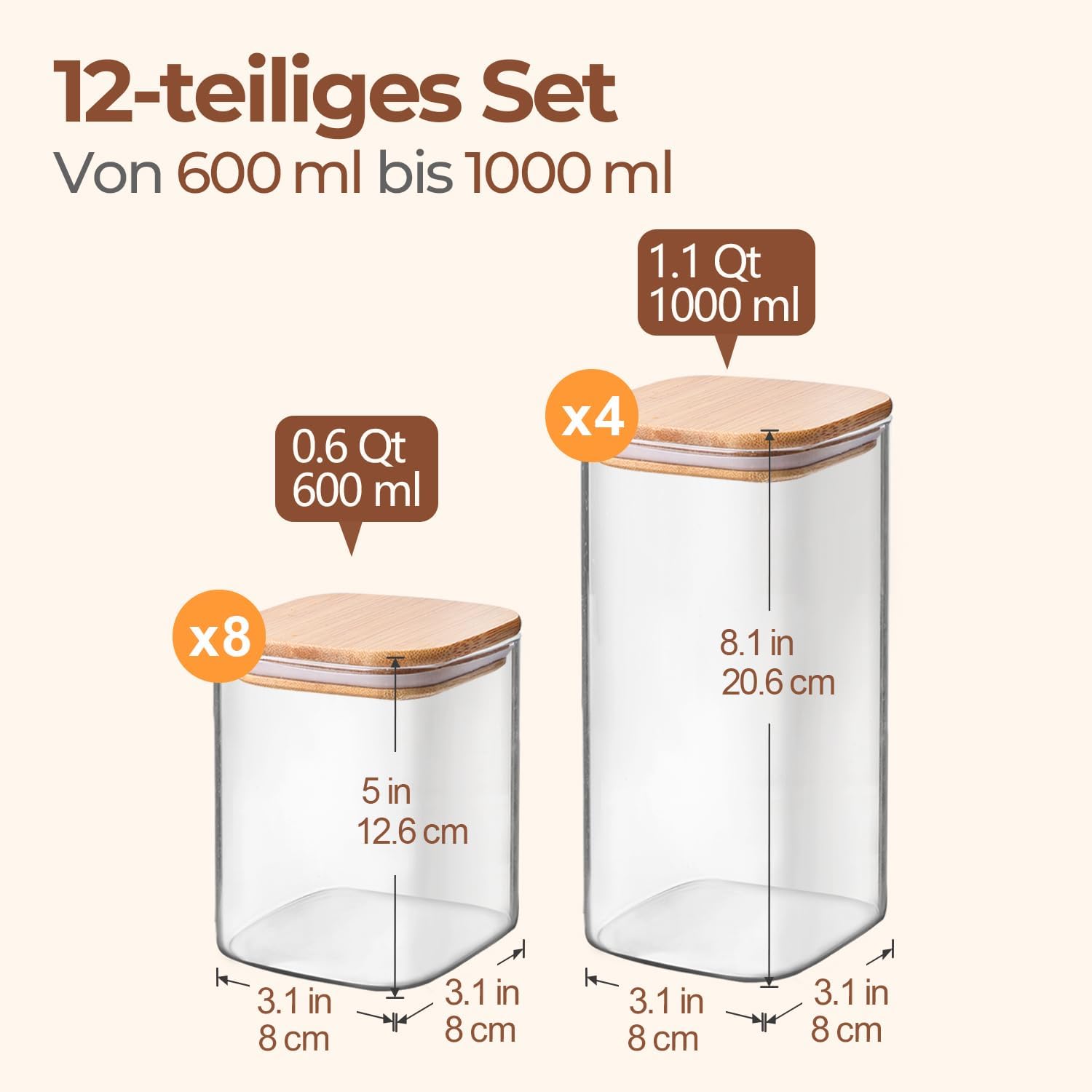 ComSaf Vorratsgläser, Glasbehälter mit Deckel, Vorratsgläser Glas 1 L x 4/600 ml x 8, Set mit 12 Vorratsgläsern mit Deckel, luftdicht, Vorratsgläser, Küchen-Vorratsgläser für Müsli – Bild 2