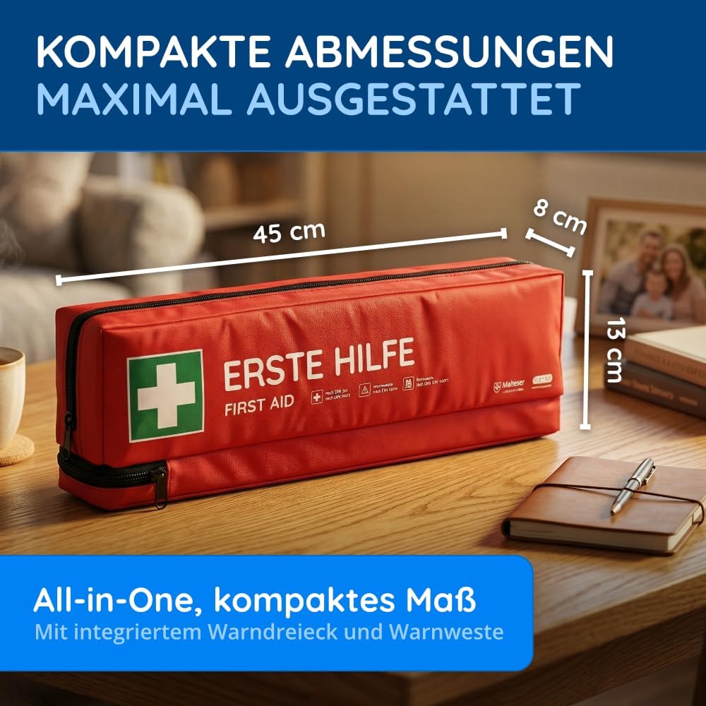 FLEXEO Auto-Verbandstasche inklusive Warndreieck und Sicherheitsweste nach aktueller DIN 13164 | Gültig für 2026, in Deutschland und der EU | Erste-Hilfe-Set für Auto/Auto | Rot | Inklusive Warndreieck, inklusive Warnweste, DIN 13164, gültig für 2026 – Bild 4