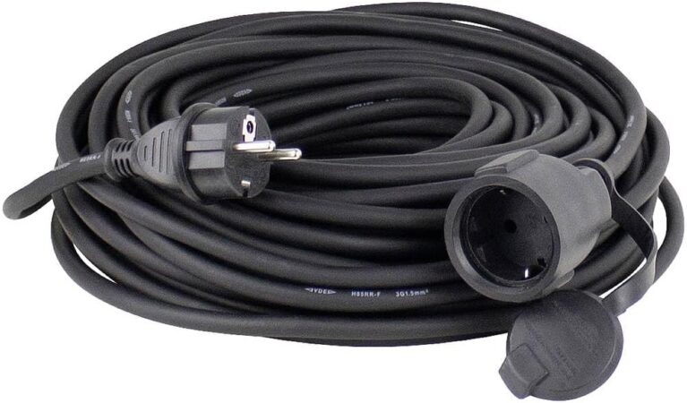 as - Schwabe Gummi-Verlängerungskabel, 15 m, H05RR-F 3G1,5, Kabel mit Schuko-Stecker und Schuko-Buchse, inkl. Schutzkappe, 230 V, 16 A, IP44, Schwarz, 60315 | Robustes Gummikabel, Schutzkappe, für Garten, Werkstatt und geschützte Außenbereiche