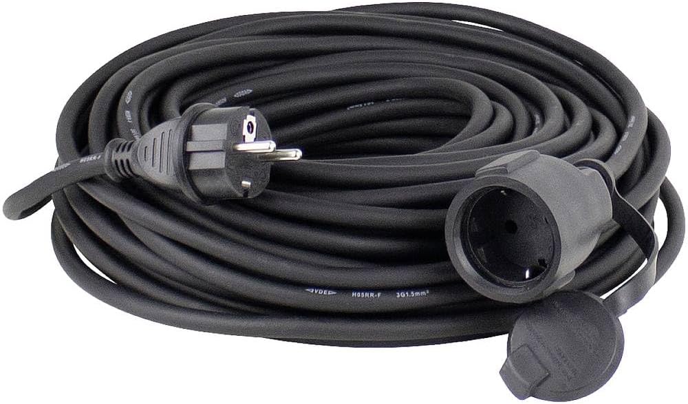 as - Schwabe Gummi-Verlängerungskabel, 15 m, H05RR-F 3G1,5, Kabel mit Schuko-Stecker und Schuko-Buchse, inkl. Schutzkappe, 230 V, 16 A, IP44, Schwarz, 60315 | Robustes Gummikabel, Schutzkappe, für Garten, Werkstatt und geschützte Außenbereiche