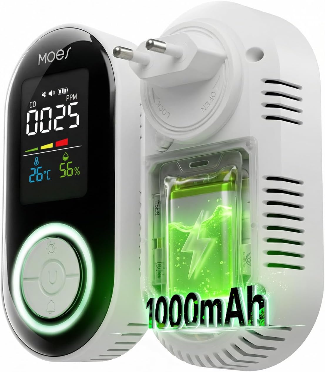 MOES Kohlenmonoxidmelder für Steckdose mit 1000 mAh Akku, 3-in-1 CO-Melder mit akustischem 85-dB-Alarm, Temperatur- & Luftfeuchtigkeitsanzeige, CO-Warngerät für Zuhause, Reisen und Wohnmobil