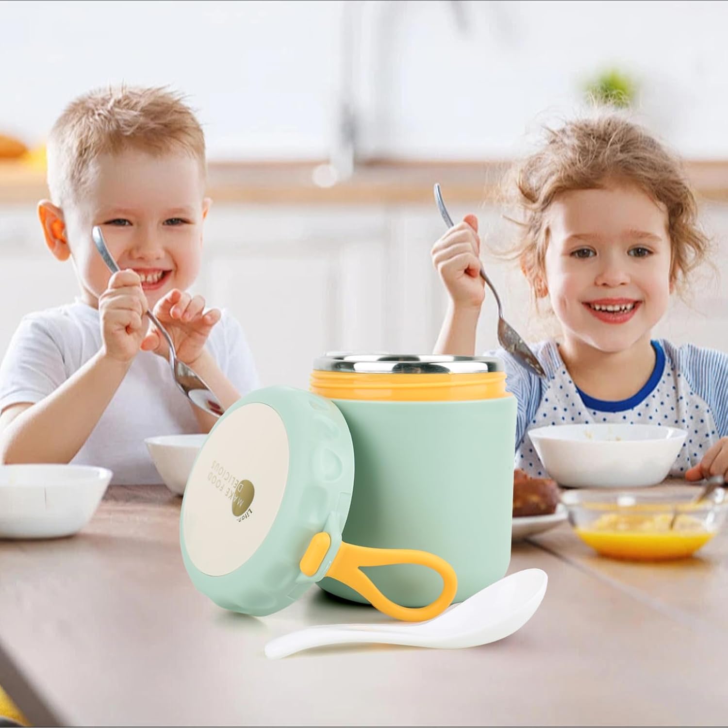 Thermo-Lebensmittelbehälter, 400 ml, Warmhaltebehälter mit Löffel, Edelstahl, auslaufsicher, vakuumisolierter Thermobecher für Lebensmittel, Suppen, Babybrei, Müsli, Blau – Bild 3