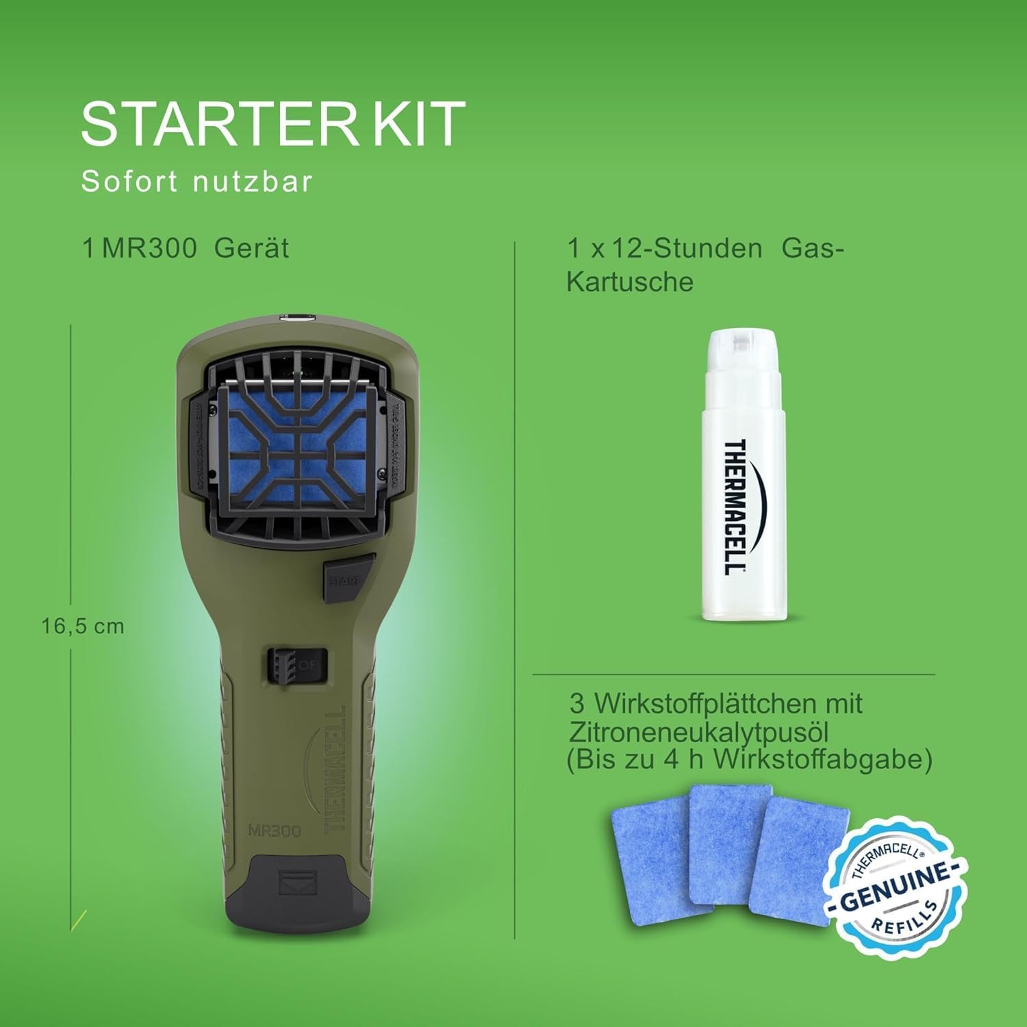 Thermacell MR300GI PT19 Mückenschutz-Handgerät, Mückenschutz mit Zitronen-Eukalyptusöl, 15 m² Schutzzone, Garten, Terrasse, Camping, Angeln, inklusive 1 x Gaskartusche und 3 x Platten – Bild 4