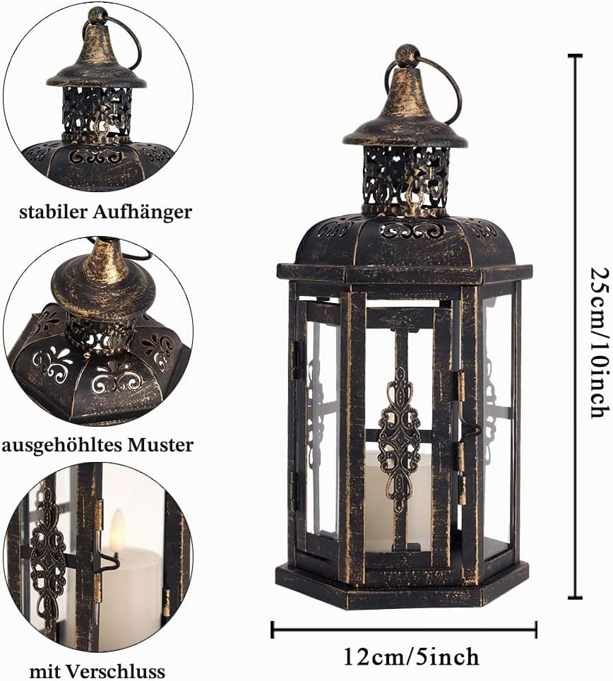 JHY DESIGN Hängende Kerzenlaternen aus Glas, 25 cm hoch, hohle geschnitzte Dekoration, Vintage-dekorativer Kerzenhalter für draußen, Wohnzimmer, Garten, Balkon, drinnen und draußen, Terrasse (schwarz mit Goldbürste) – Bild 2