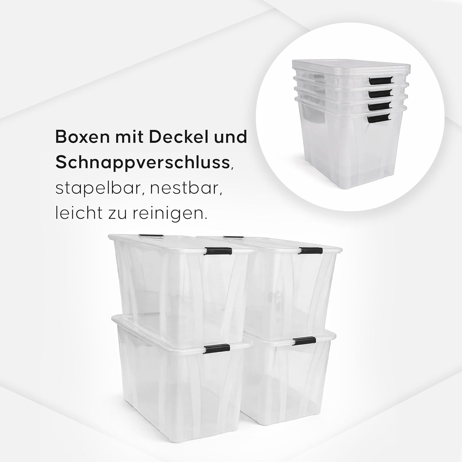 Aufbewahrungsboxen 4er-Set mit Deckel – Stapelbare Kunststoffboxen 7L, 14L, 21L, 32L, 55L, 80L transparent mit Klickverschluss & Griffen, BPA-frei, lebensmittelecht, Ordnungsboxen (55 L) – Bild 3