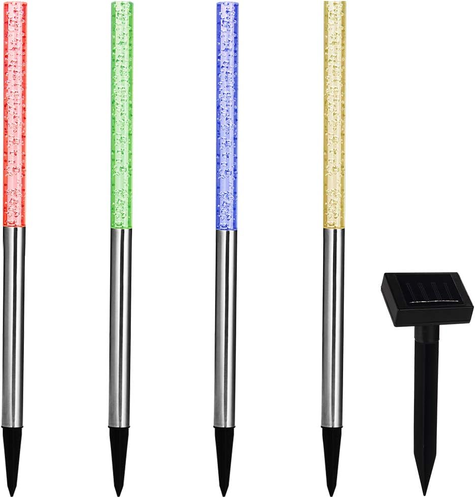 Deuba Solarleuchten für den Außenbereich, 4er-Set, LED, wetterfest, IP44, Dämmerungssensor, Farbwechsel, bunter Erdspieß, Edelstahl, Solar-Garten-Außenlampe, Balkondekoration