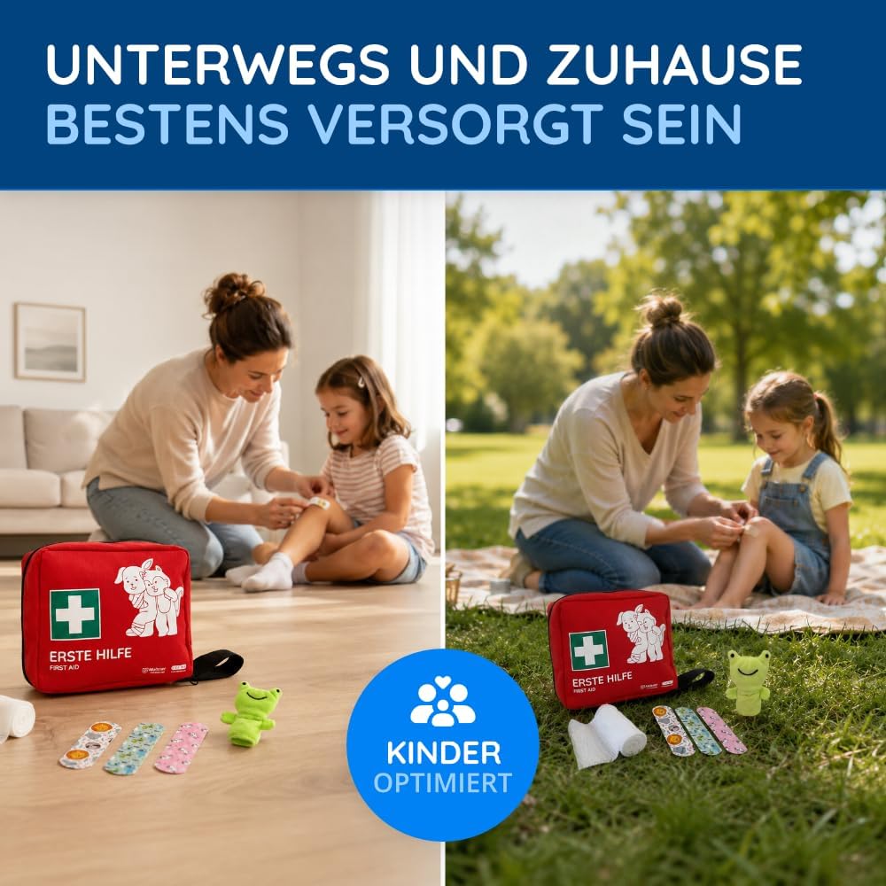 FLEXEO Erste-Hilfe-Set für Kinder, 76-teiliges Reiseapotheke inkl. Markengel, Zeckenzange, Motivpflaster, Fingerpuppe & Tapferkeitsaufkleber, Erste-Hilfe-Tasche Baby, Kleinkind, Unterwegs & Zuhause – Bild 7