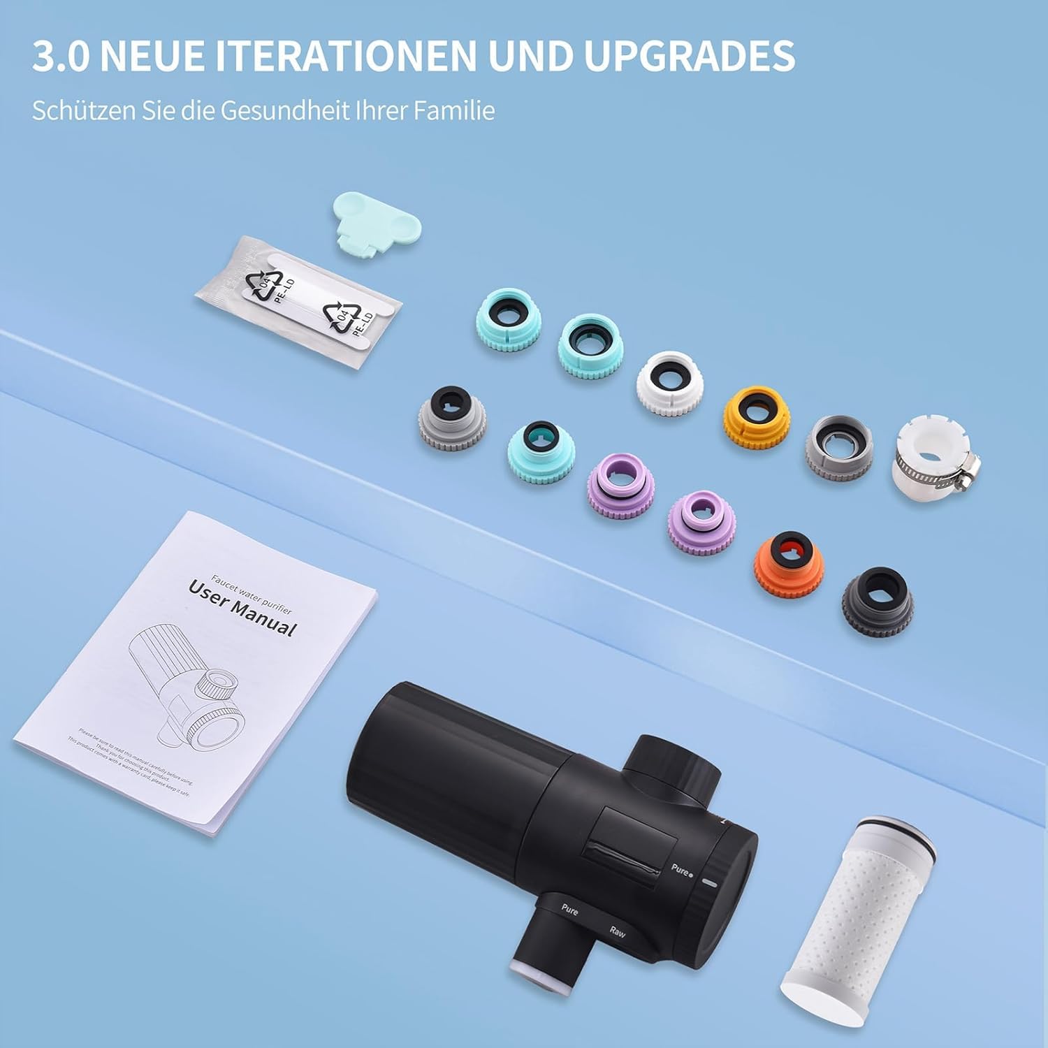 HOMELODY Wasserfilter, Trinkwasser für die Küche, entfernt Chlor, Schwermetalle und Kalk, verbessert den Geschmack, 12 x Adapter, blaues Licht und 1 Filter im Lieferumfang enthalten, Wasserfilterhahn 3.0 mit LED-Anzeige – Bild 7