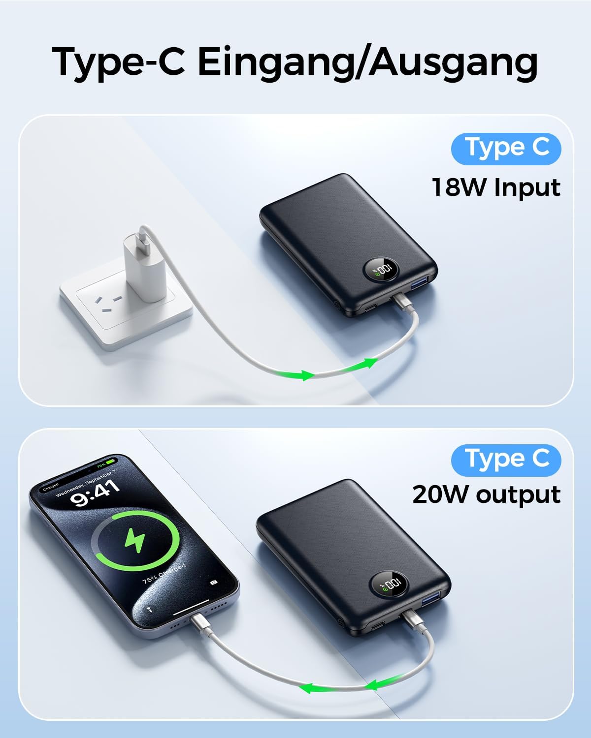 Power Bank, 22,5 W Mini PowerBank 20000 mAh (USB-C Eingang & Ausgang), PD 3.0 QC 3.0 externe Handy-Akkus mit LED-Anzeige, kompatibel mit iPhone 16 15 14 13 – Bild 8