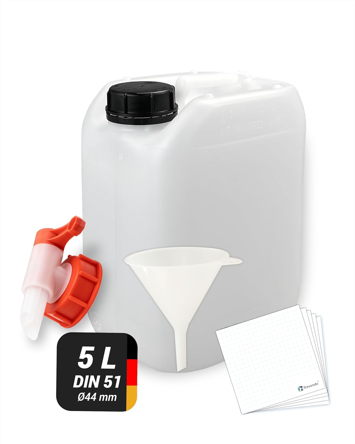 5 Liter Leerkanister DIN 51 mit Trichter, Auslaufhahn und 5 Trevendo-Etiketten