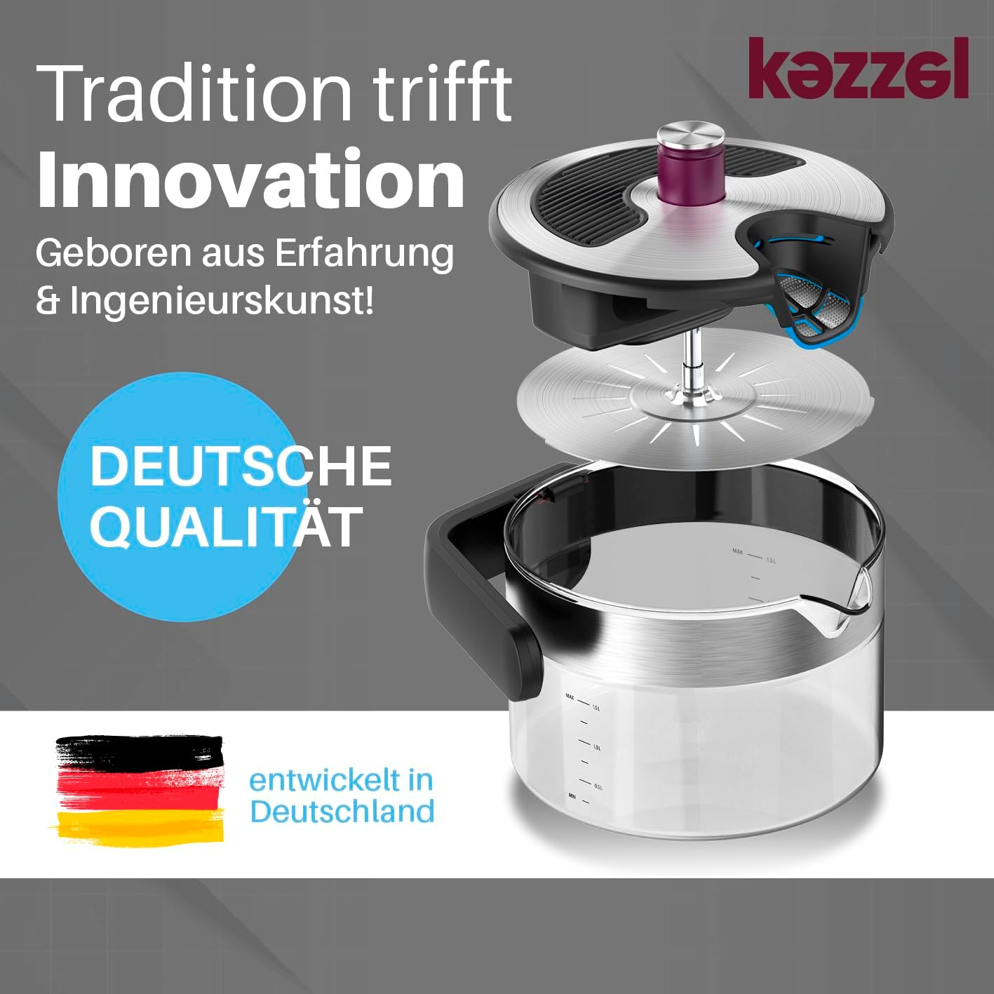 Kezzel® Innovativer Wasserkocher für Induktionsherde 1,5 Liter | Automatische Abschaltfunktion, kein Überkochen | Minimalistisches Design, Edelstahl und Glas, leicht zu reinigen, spülmaschinenfest – Bild 8
