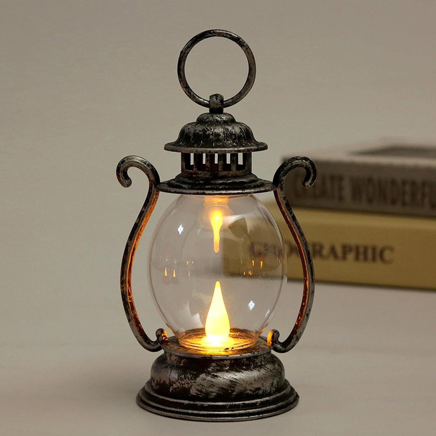 Vintage Laterne LED - Dekorative Mini Laterne Batteriebetrieben, Kleine Tragbare Hängende Öllampe | Retro Seillampe Garten, Schlafzimmer, Wohnzimmer, Esstisch, PA – Bild 2