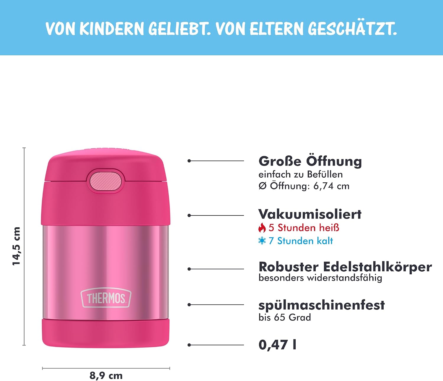 Thermoskanne Kinder FUNTAINER Thermobehälter 0,30 L 5 Stunden heiß Himbeerrosa | mit Löffel, 7 h kalt, auslaufsicher, Edelstahl-Isolierbehälter für Essen, Müsli & Snacks, Schule, Kita, Pausen, rosa – Bild 3