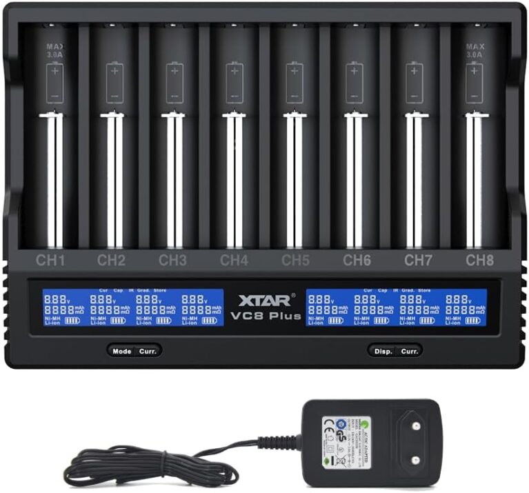 XTAR VC8 Plus Prozessor-Ladegerät für 8 x Li-Ion- und NiMH-Akkus, universeller Akku, 18650-Ladegerät, 8 Steckplätze, LCD-Bildschirm mit EU-Adapter