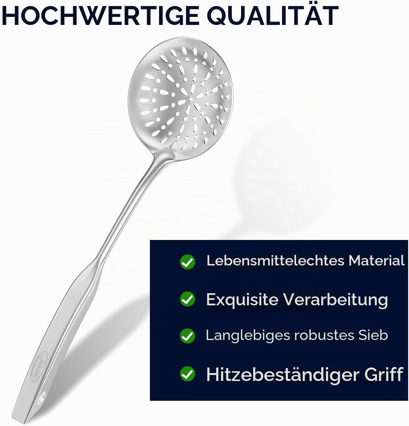 Schälkelle Schaumlöffel, (rostfrei, einteilig geformt, langlebig) Neuheit Schaumlöffel aus Edelstahl 304 mit Vakuum-ergonomischem Griff, Siebkelle mit komfortablem Griffdesign für die Küche, 38 cm – Bild 7