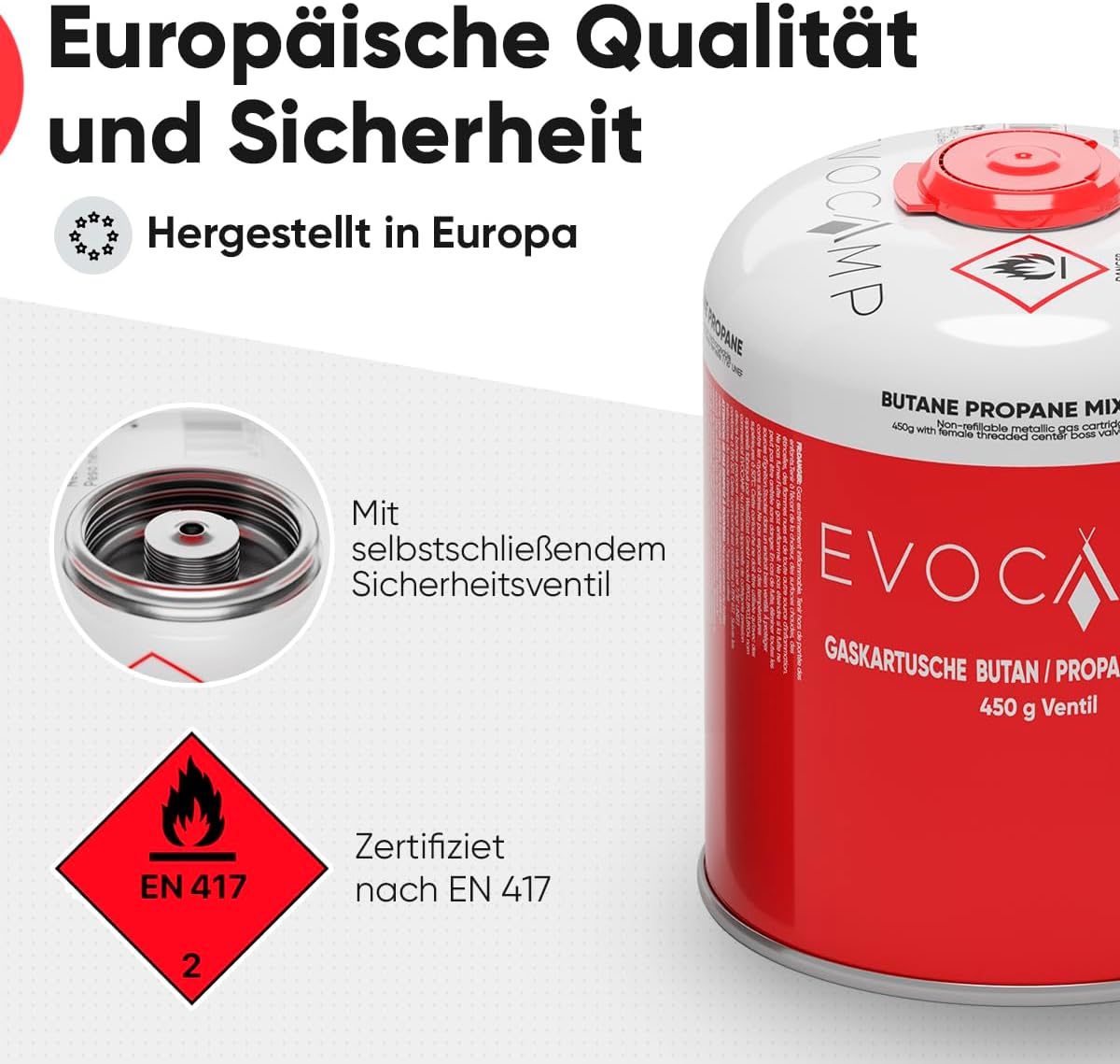 EVOCAMP 4 x Propan-Butan-Gaskartuschen 450 g für Weber-Grills Q100/1000-Serie, Schraubkartusche Eurogewinde 7/16 Zoll, Ventilkartusche 809 ml mit automatischer Sicherheitsverriegelung – Bild 4