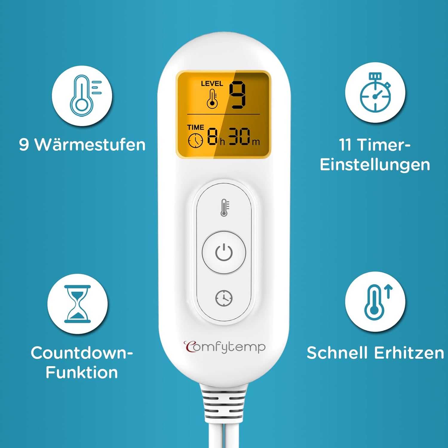Comfytemp großes Heizkissen für den Rücken mit 9 Heizstufen, 0,5-9h, automatische Abschaltung, 39 x 61 cm, elektrischer Rückenwärmer, Wärmegürtel, Wärmekissen, maschinenwaschbar (max. Taillenumfang: 120 cm) – Bild 5