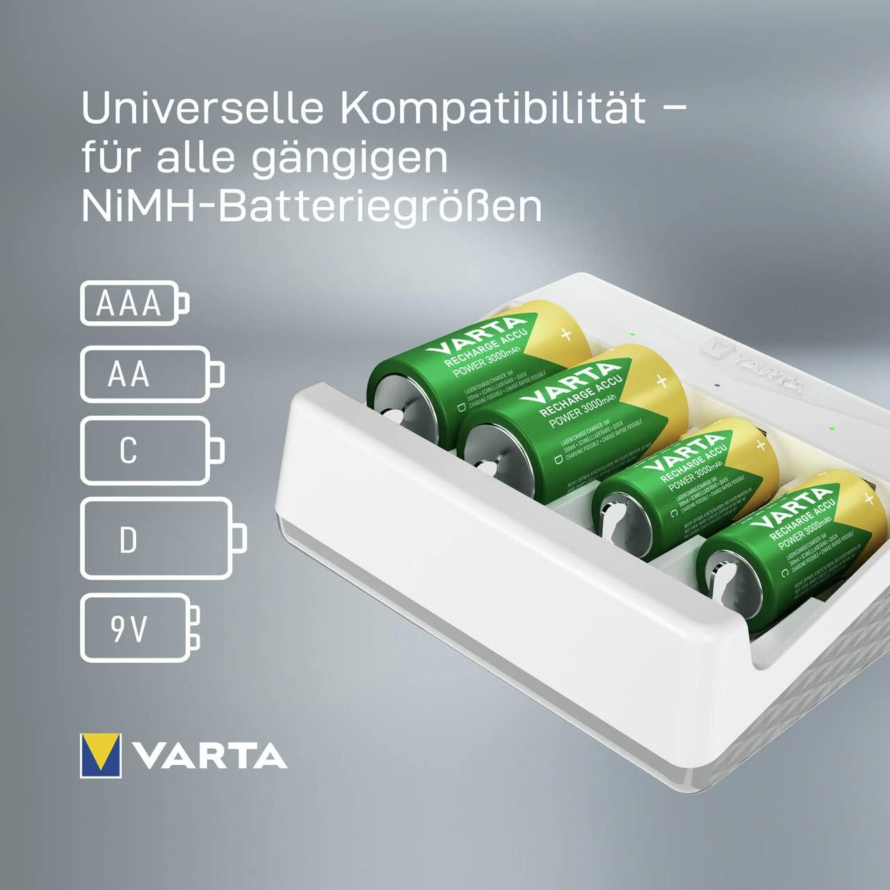 VARTA Batterieladegerät, Batterieladegerät für wiederaufladbare Batterien, lädt 2 oder 4 AA, AAA, C, D oder 1 x 9 V gleichzeitig, Universal-Ladegerät, mit Sicherheitsabschaltung, unbestückt | für wiederaufladbare NiMH-Akkus, Sicherheitsabschaltung, Überlade- und Verpolungsschutz, mit LED-Ladeanzeige, kompaktes Gerät – Bild 10