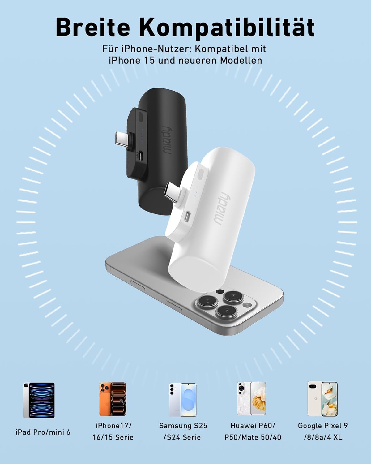 Miady Mini Power Bank klein aber stark, 5000 mAh 5V/2,4A USB C Ausgang Externe Akkus, kompatibel mit iPhone 17/16/15, Samsung S24/S23 Serie, Xiaomi, iPad Pro/Air, AirPods usw. – Bild 4