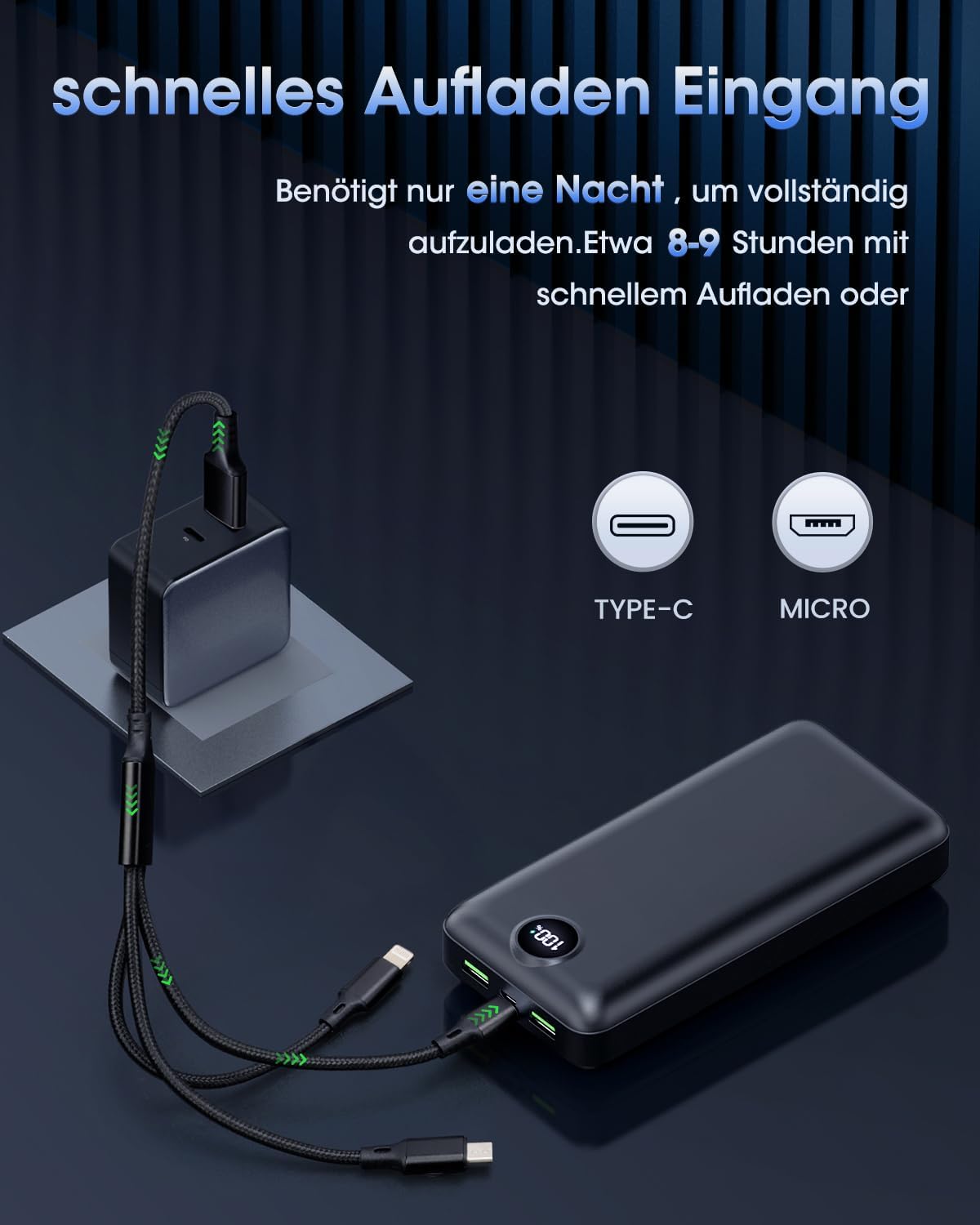 PowerBank 50.000 mAh, große Kapazität, 3-in-1-Ladekabel, 22,5 W, externer Schnellladeakku, USB-C 3 Ausgänge und 2 Eingänge, LED-Anzeige, Powerbank, kompatibel mit iPad, iPhone, Android usw. Schwarz – Bild 5