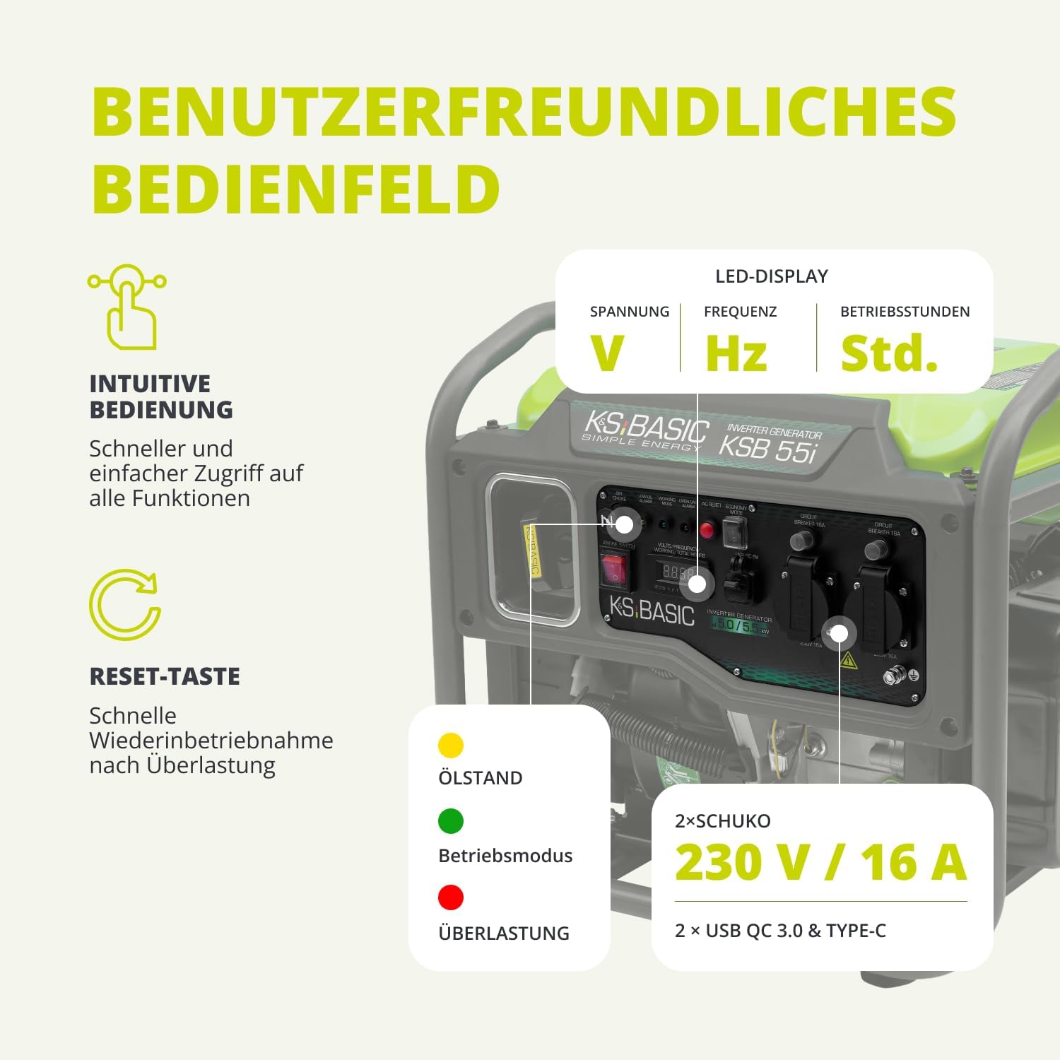 K&S Basic 30i Inverter-Generator 2800 W, 3000 W maximal, kompakter Notstromgenerator Benzin, reine Sinuswelle, Stromerzeuger mit Eco-Modus, für Heim-, Camping- und Werkstattarbeiten, Euro 5 – Bild 6