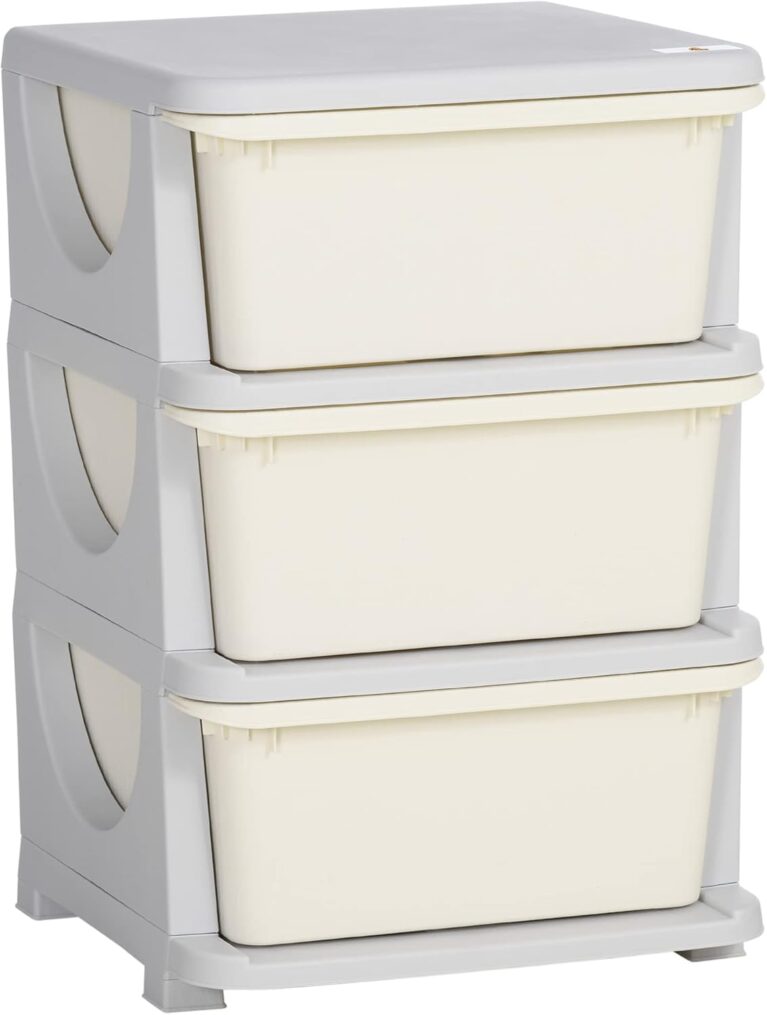 HOMCOM Schubladenschrank für Kinder mit Stauraum, Aufbewahrungsboxen, Spielzeug-Organizer, Spielzeugkiste, drei Ebenen, für Kinderzimmer, 3–6 Jahre, Kindermöbel, Cremeweiß, 37 x 37 x 56,5 cm