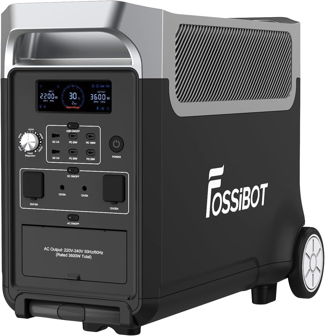 FOSSiBOT F3600 Solargenerator, 3840 Wh LiFePO4 Tragbares Kraftwerk mit USV, 3 x 230 V AC Ausgang 3600 W (7200 W Spitze), Sturmgenerator 2200 W, schnelle Stromspeicherung, Aufladen, Reisen, Outdoor-Camping, Schwarz