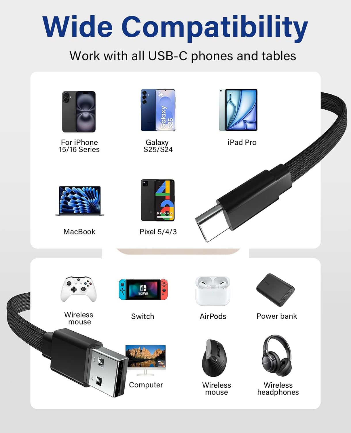 Magnetisches USB-A-auf-USB-C-Kabel von Magtame, 1 m, spiralförmiges 3-A-Schnellladekabel, flaches USB-C-Kabel, organisiertes, verwechslungssicheres, geflochtenes Datensynchronisierungs-Typ-C-Ladekabel – Bild 7