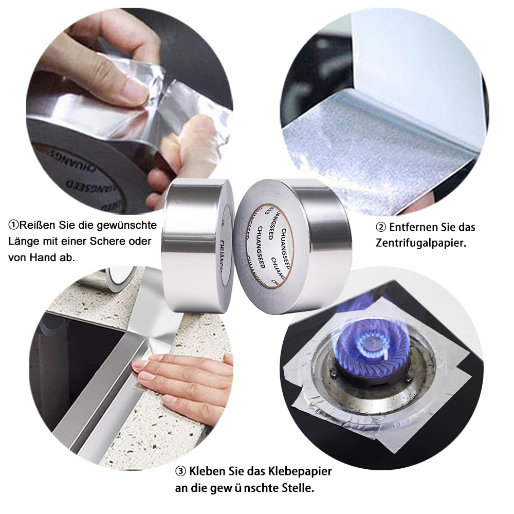CHUANGSEED 2 Rollen Aluminium-Klebeband 50 mm x 50 m, Aluminium-Klebeband für Kücheninstallationen, Abschirmung und Isolierung, Dichtungsreparatur, selbstklebendes Aluminiumfolienband, hohe Temperaturbeständigkeit – Bild 3