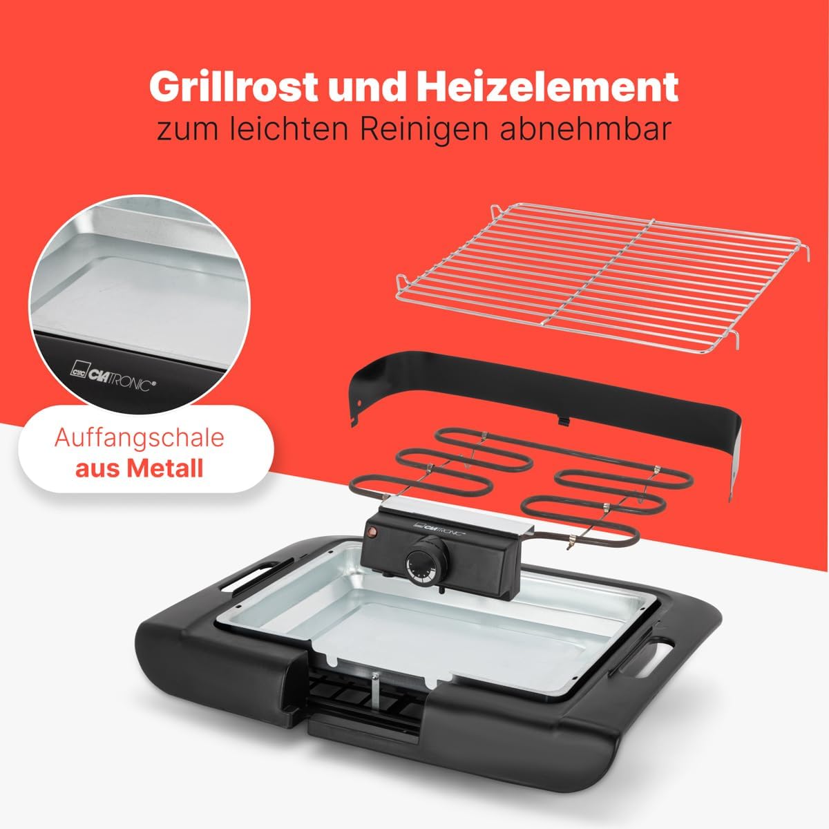 Clatronic BQ 3841 Barbecue Tischgrill, Elektrogrill ideal für Balkon und Küche, Elektrogrill mit Windschutz, Grill mit verchromtem Grillrost, Tischgrill mit Cool-Touch-Gehäuse – Bild 5