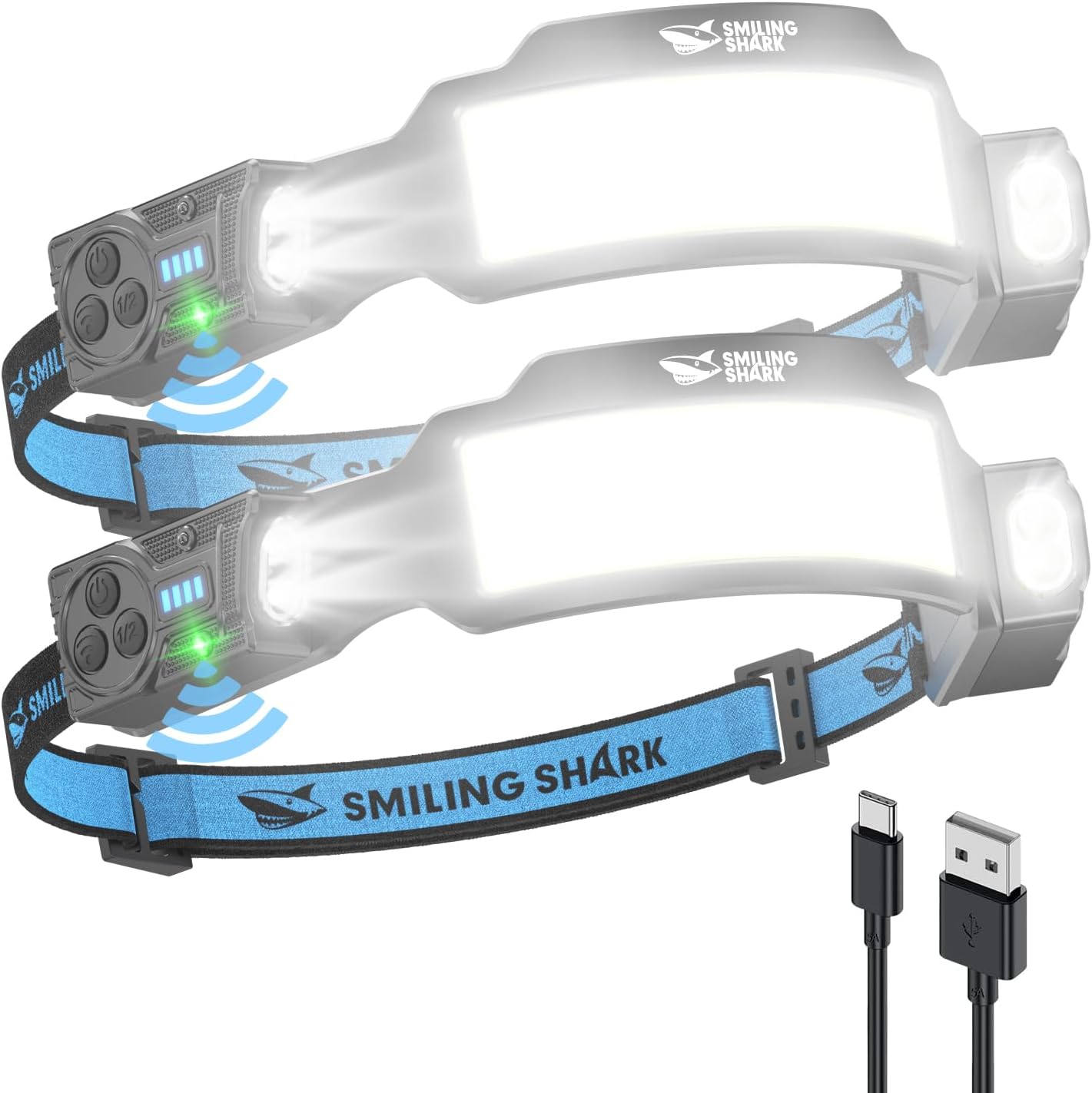 Smiling Shark TS-6 Stirnlampe, LED-Stirnlampe, wiederaufladbar, 2400 mAh, mit schwenkbarem Dual-Spotlight & 6x Flutlicht & Stroboskop mit Bewegungssensor, Freisprech-Design für Camping, Joggen, Wandern, Laufen (2er-Pack)