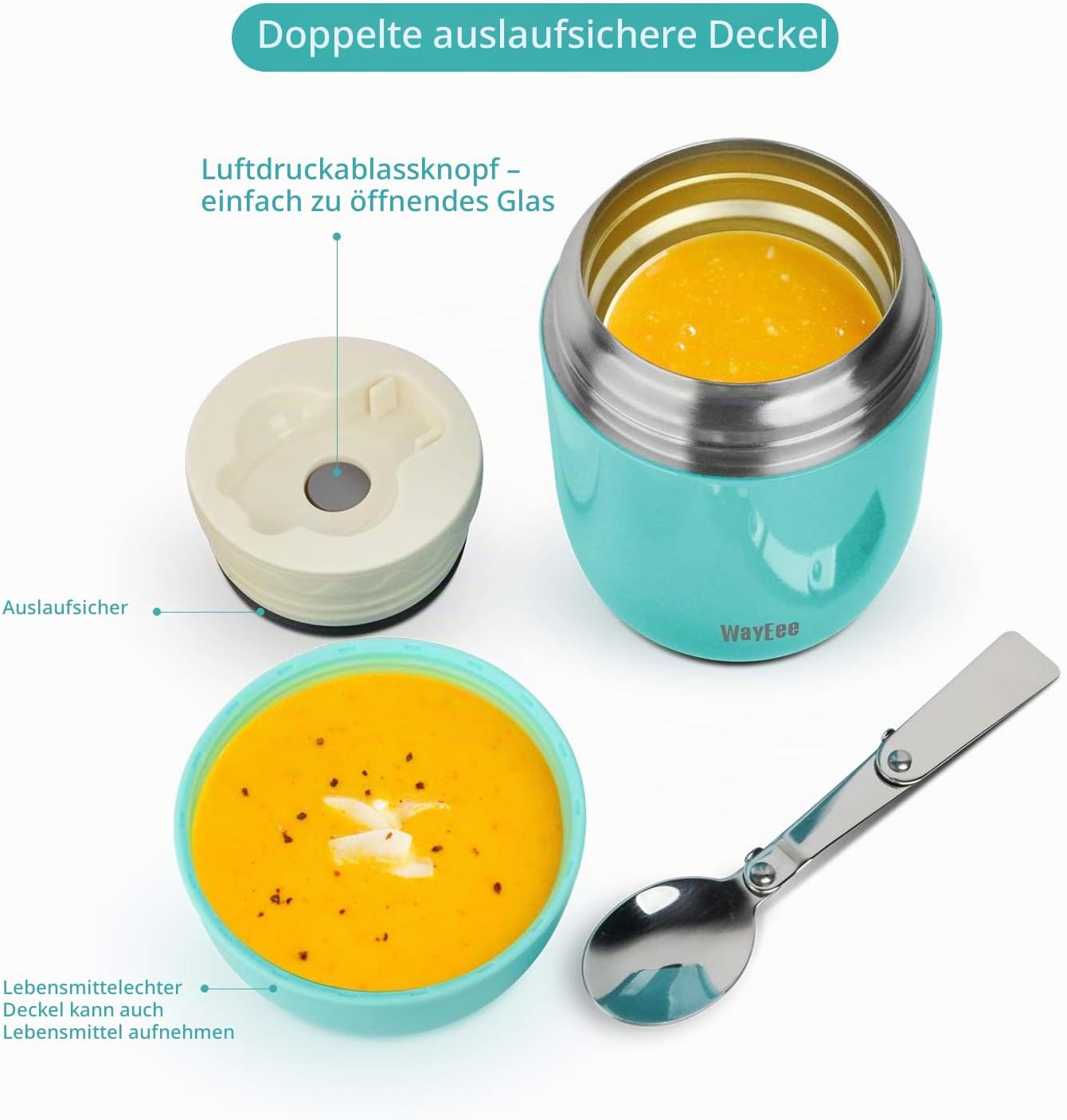 Isolierter Lebensmittelbehälter, 450 ml Edelstahl-Lebensmittelbehälter, Babynahrung, Isolierbehälter mit Löffel, Warmhaltebox, Thermobehälter, Suppe heiß & kalt halten für Schule, Outdoor, Büro – Bild 2