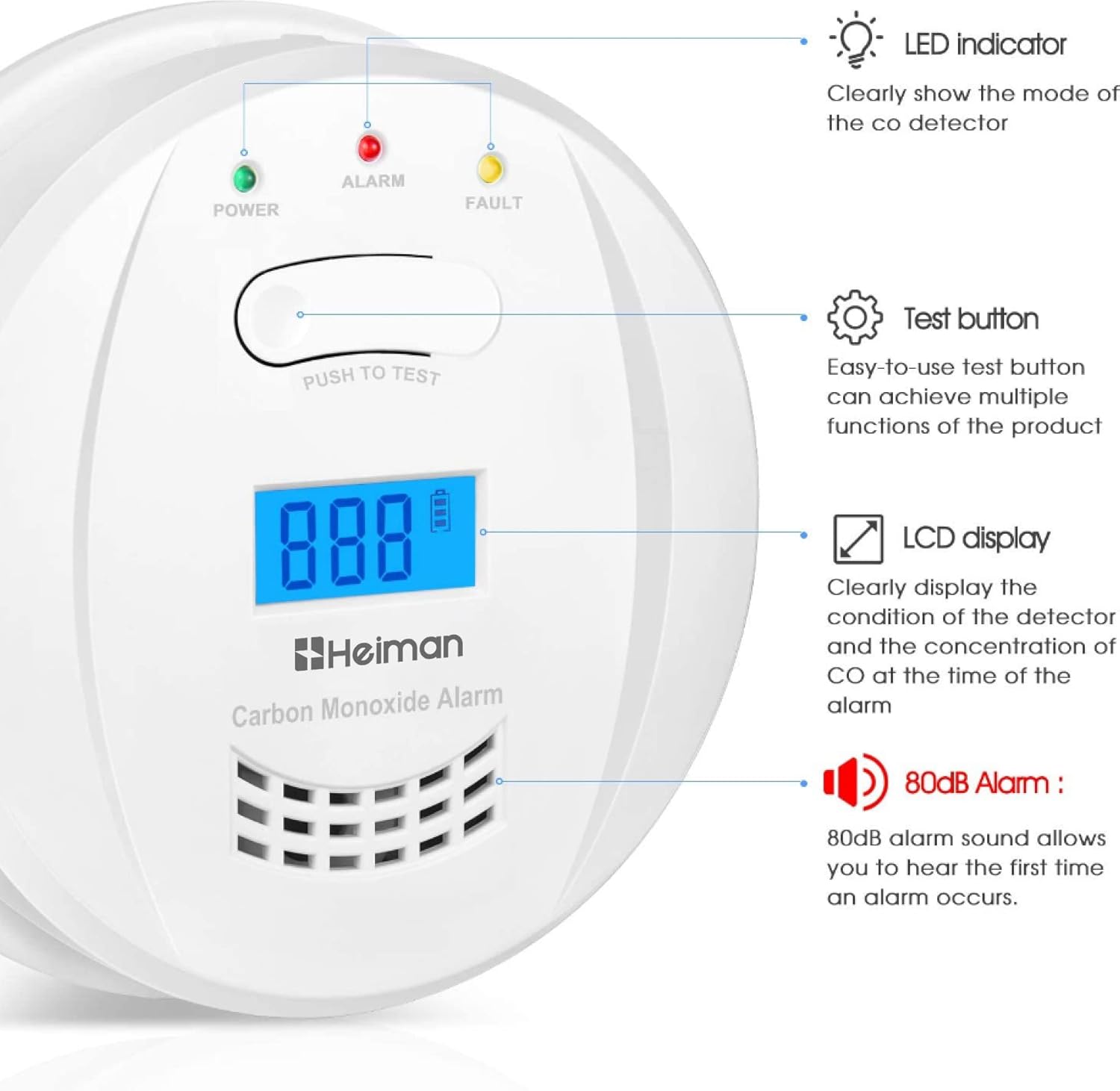 Heiman Co 723ESY Kohlenmonoxidmelder mit LCD-Display, 5 Jahre Batterielebensdauer, 10 Jahre Sensorlebensdauer, Testtaste – Bild 2
