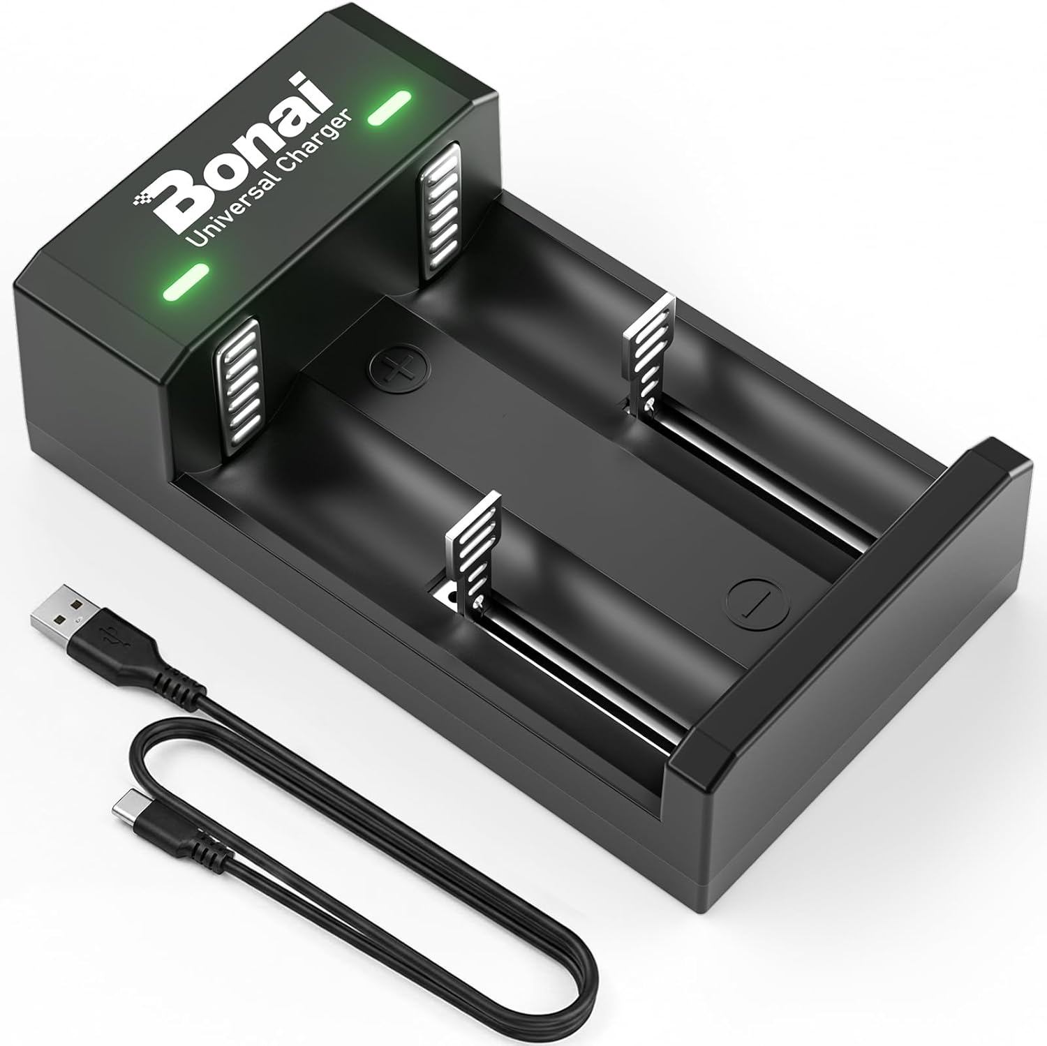 BONAI Universal-Akkuladegerät für NI-MH 1,2 V AA AAA CD & 3,7 V 18650 21700 26650 Li-Ionen-Akkus, intelligentes 2-Schacht-Akkuladegerät
