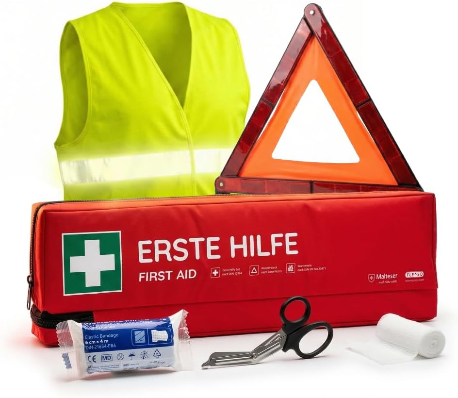 FLEXEO Auto-Verbandstasche inklusive Warndreieck und Sicherheitsweste nach aktueller DIN 13164 | Gültig für 2026, in Deutschland und der EU | Erste-Hilfe-Set für Auto/Auto | Rot | Inklusive Warndreieck, inklusive Warnweste, DIN 13164, gültig für 2026