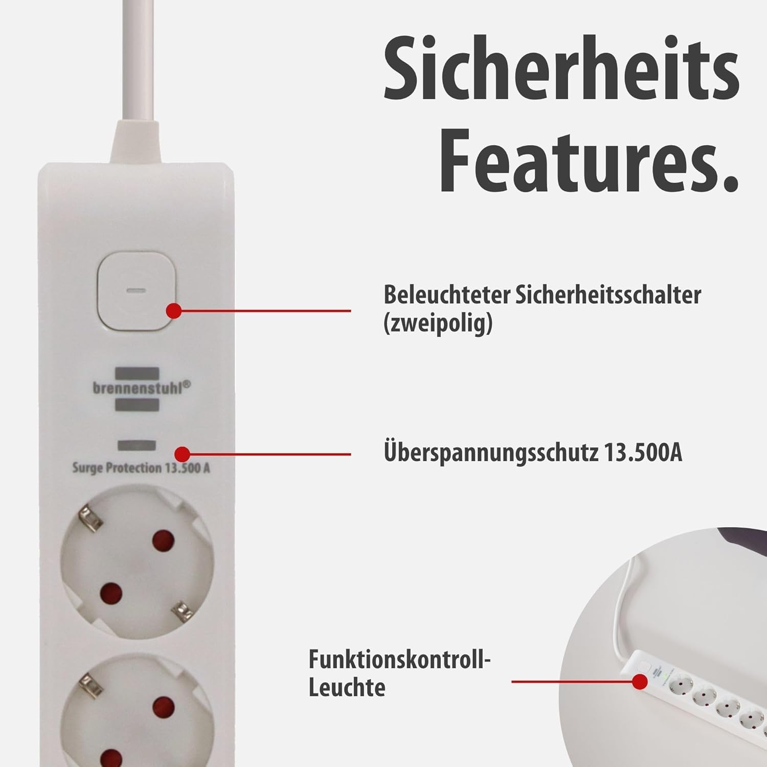 Brennenstuhl 6-fach Steckdosenleiste mit USB und Überspannungsschutz | Mehrfachsteckdose mit 1 x USB C PD 20 W zum Schnellladen und 1 x USB A 20 W, Schalter, 2 m Kabel, weiß – Bild 2