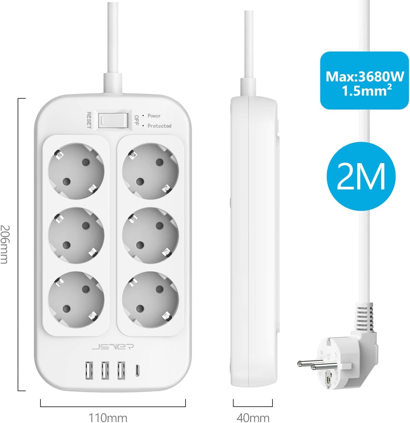 JSVER Steckdosenleiste 6 Fächer mit 4 USB-Ladeanschlüssen, Mehrfachsteckdose mit USB C, Wandmontage (3680 W), Überspannungsschutz mit 2 m Kabel, Verlängerungskabel für Smartphones, Laptop, Weiß – Bild 6