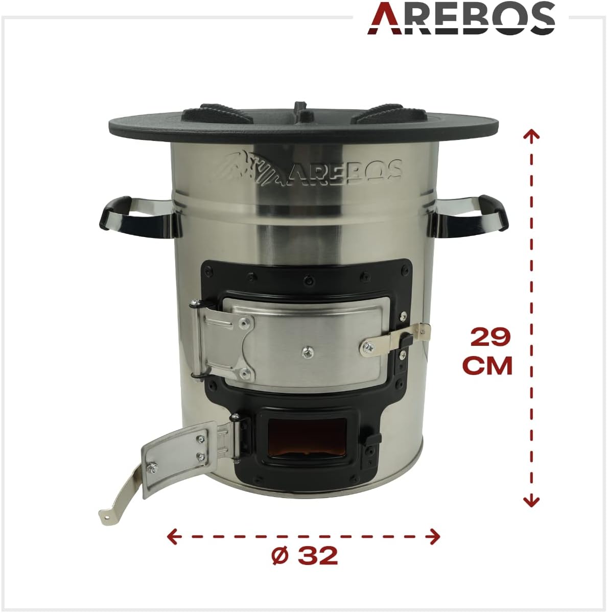 Arebos Raketenofen mit Gusseisen-Grillpfanne mit Tragetasche und Handschuhen | Dutch Oven BBQ | Tragbarer Campingkocher Holzofen | Outdoor-Küche | Raketenofen | Campinggrill Silber – Bild 2