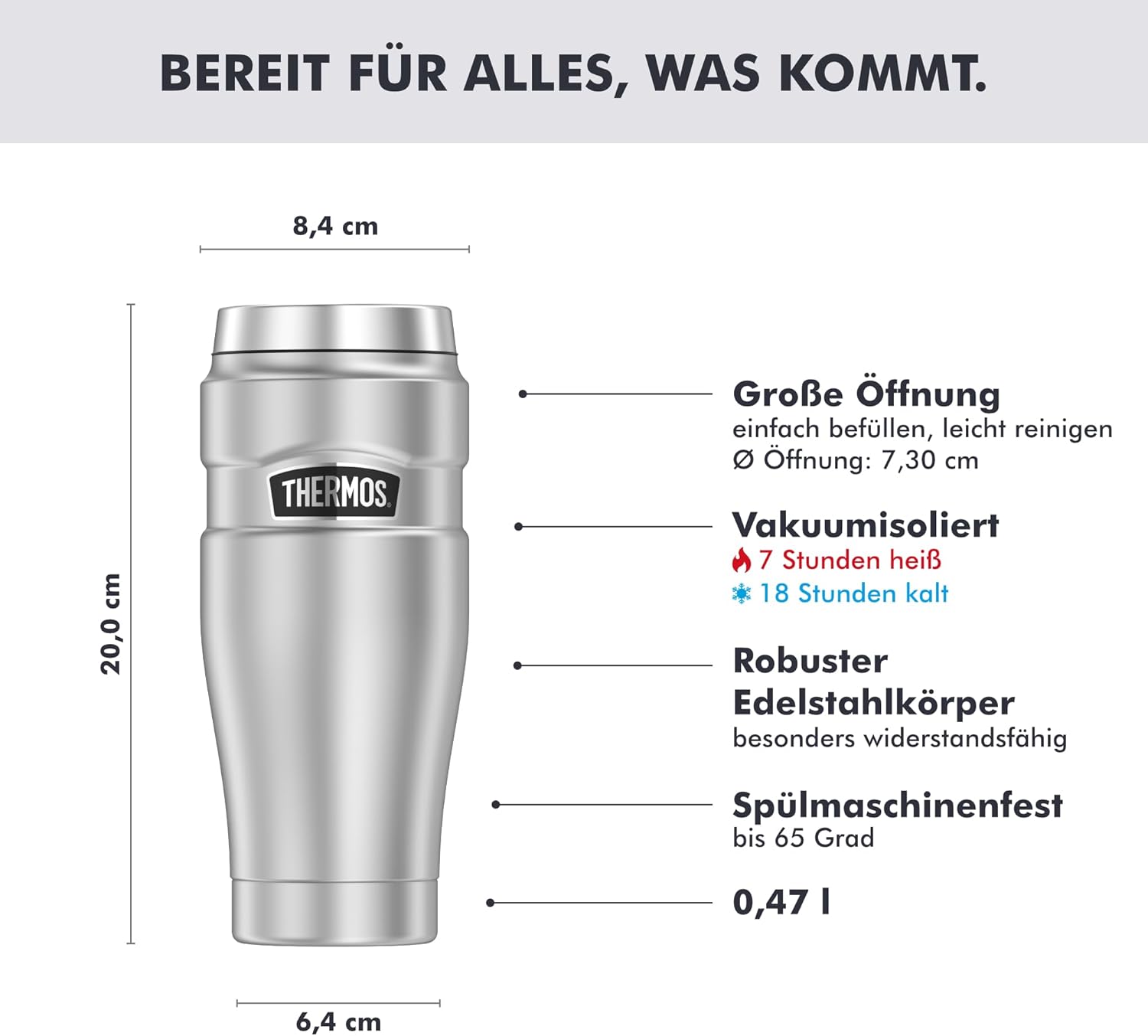 Thermos Stainless King Thermobecher, To Go Kaffeebecher, Edelstahl matt, 470 ml, Isolierbecher, spülmaschinenfest, auslaufsicher, Coffee to Go 7 H heiß, 18 H kalt, BPA-frei, 0,47 L – Bild 3