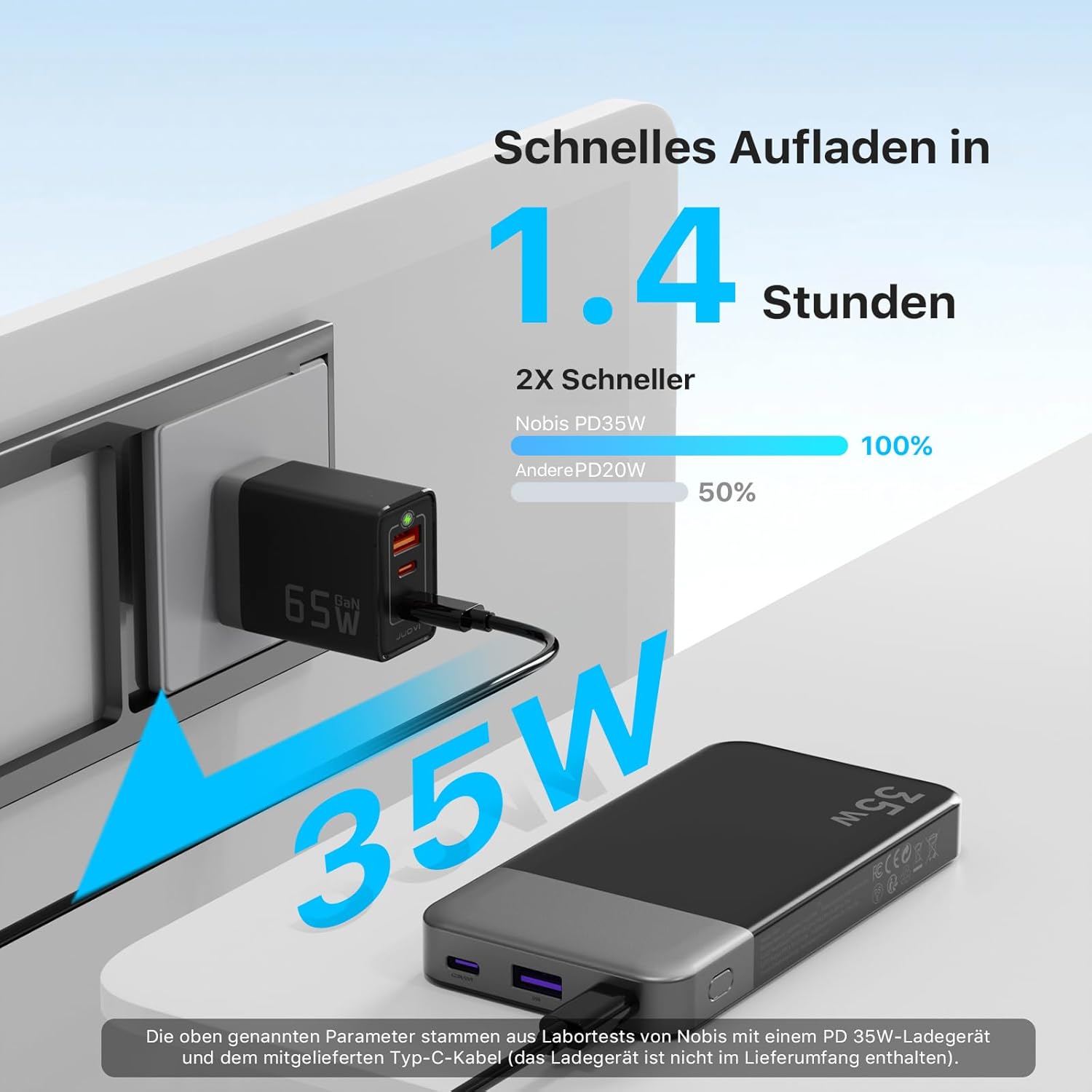 NOBIS 35 W Powerbank 10000 mAh Externer Akku mit Digitalanzeige | USB C Ladegerät Quick Charge PD QC, tragbare Powerbank für Smartphone, Tablet, Kamera – Bild 3
