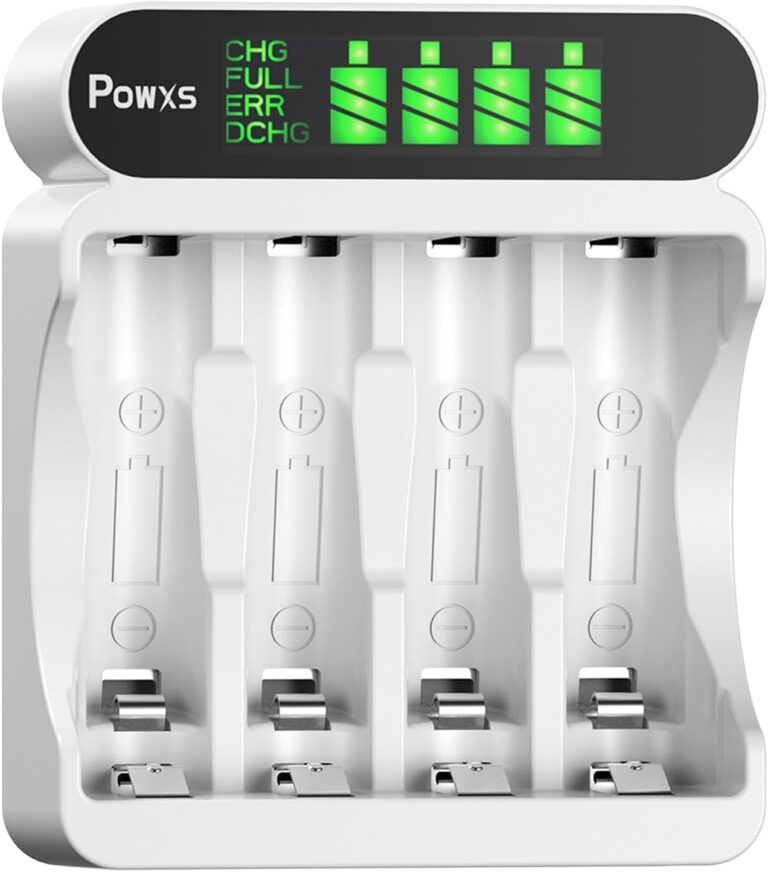 POWXS Akkuladegerät für NI-MH NI-CD AA AAA Akkus, 4 Ladeplätze Akkuladegerät mit großem LCD-Display, Universelles Schnellladegerät Micro USB & Typ C Eingang Sicheres AA AAA Akkuladegerät