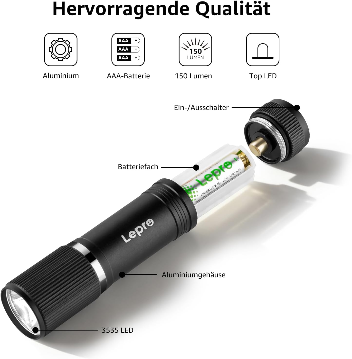 Lepro LED-Taschenlampe klein, 2 Stück, helle Mini-Taschenlampe, batteriebetrieben, robustes Aluminiumgehäuse, IPX4 wasserdicht, ideal für Camping, Notfall, Wandern & Kinder (Batterien im Lieferumfang enthalten) – Bild 5