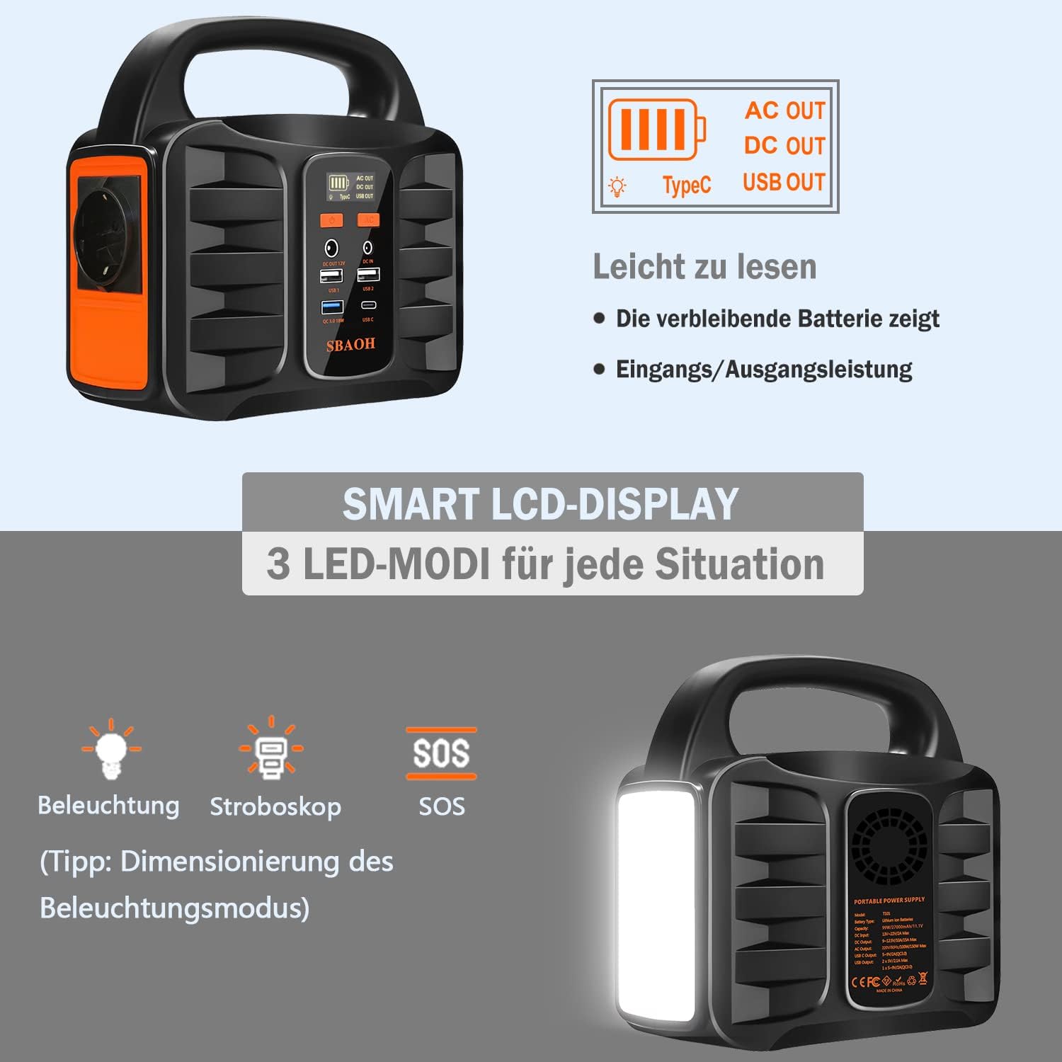 Tragbares Kraftwerk 99 Wh, SBAOH 150 W Solargenerator-Batterie mit Wechselstrom/Auto-Zigarettenanzünder/USB-Ausgang, mobiler Stromgenerator für Reisen/Camping/im Freien/Notfall – Bild 3