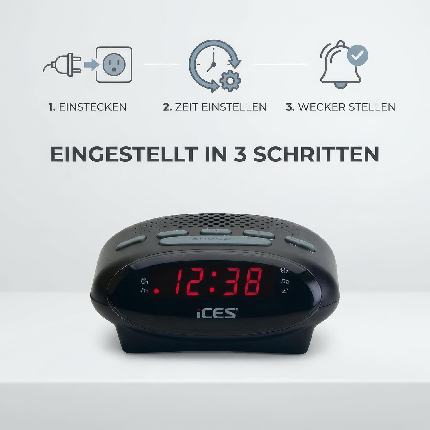 iCES ICR-210 Uhrenradio (2X Weckzeiten, Schlummerfunktion, Sleep-Timer) schwarz | ICR-210 – PLL FM – Schlummerfunktion – Sleep-Timer – Gangreserve – kompakt – Schwarz – Bild 5