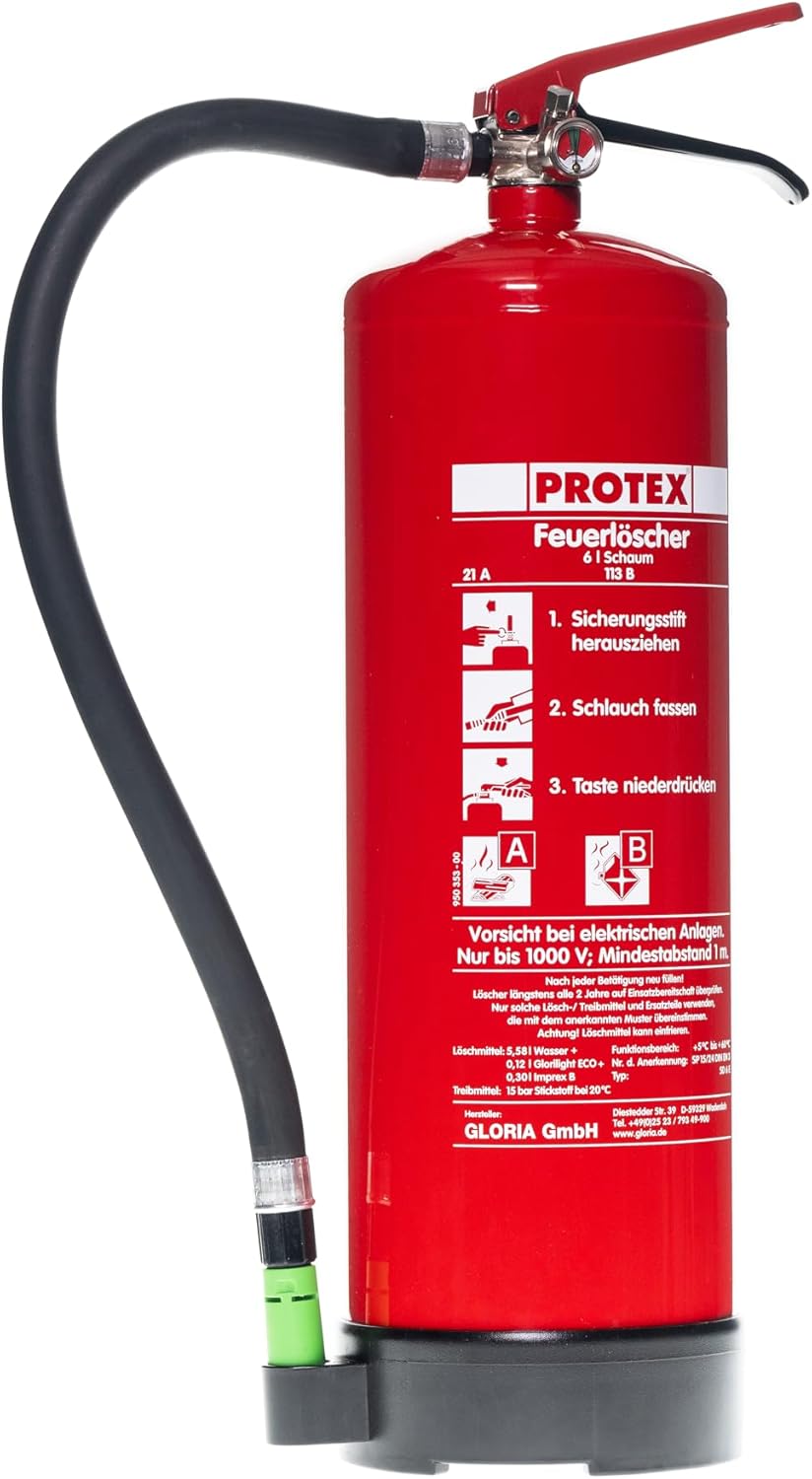 Protex 2 x Schaum-Feuerlöscher SD6 E – 6 Liter – fluorfrei – für Brandklassen A und B – nach DIN EN 3 – 11 kg – mit praktischer Halterung – mit Prüfplakette – hergestellt in der EU – Bild 4