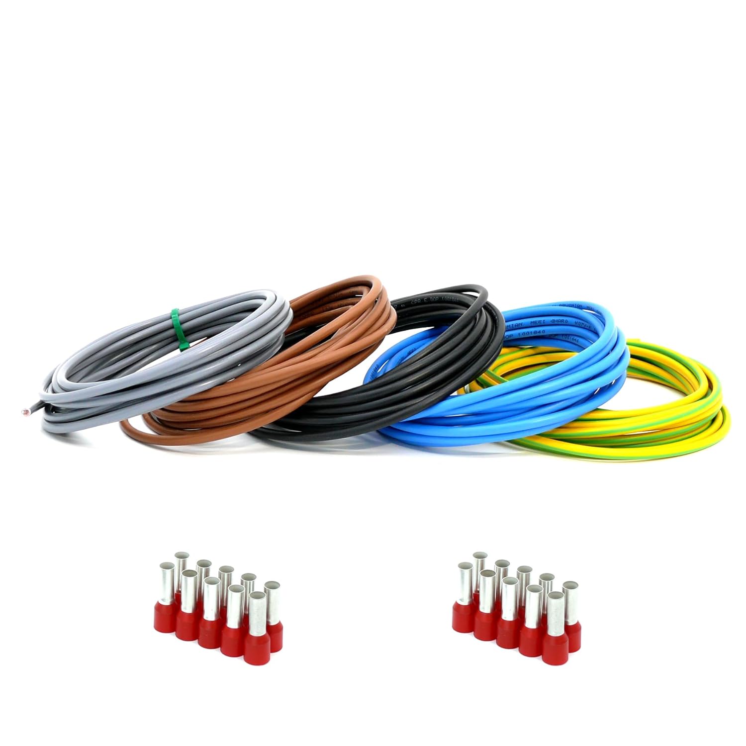 Event Cable & More Set Verkabelungsset 5 x 1 m (Schwarz, Grau, Braun, Blau, Grün/Gelb) Flexibles Adernkabel H07V-K 10 mm² inkl. Aderendhülsen 10 mm² für Zählerschrankverteilung (Set 5 x 1 Meter & 20 AEH)