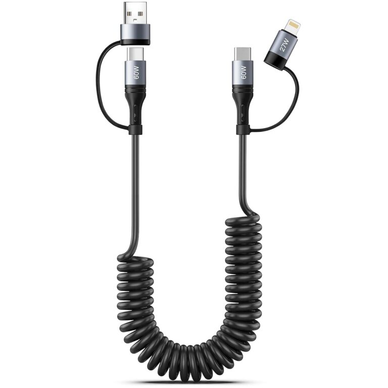 USB C Spiralkabel, 60W Kurzes USB auf USB C Kabel Schnellladekabel (40cm - 1,2m) USB C auf Lightning 4 in 1 Multi Ladekabel für iPhone 17 16 15 14 13 12 11 Pro Max X XS XR 8 7 6 Plus/Android Autokabel